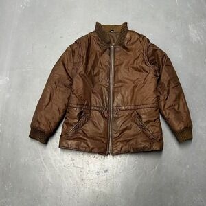 Vintage brown zip up nylon puffer bomber military jacket with removable sleeves
